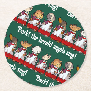 Funny Dog Choir Bark! Xmas Carol Pun Cartoon Round Paper Coaster