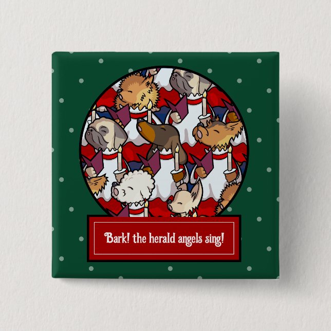 Funny Dog Choir Christmas Carol Pug Pun Cartoon 2 Inch Square Button (Front)
