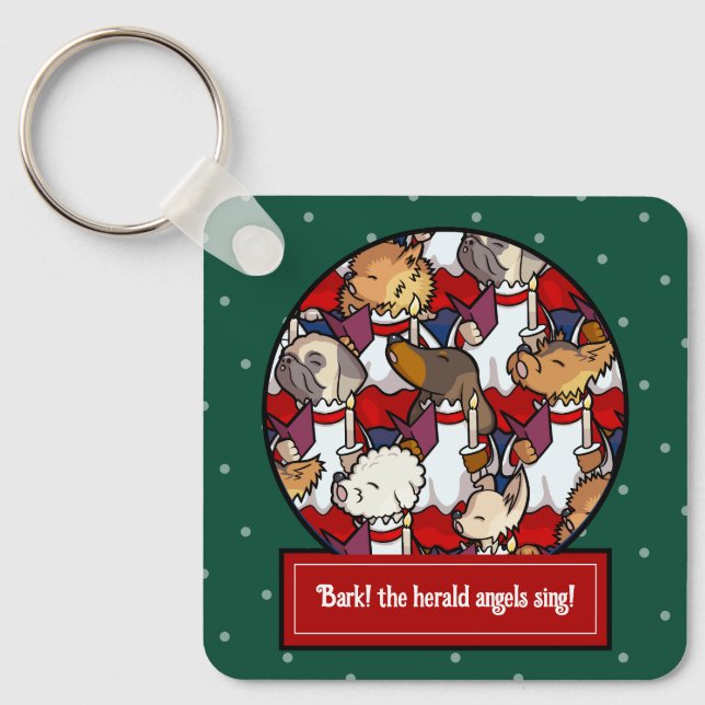 Funny Dog Choir Christmas Carol Pug Pun Cartoon Keychain (Front)