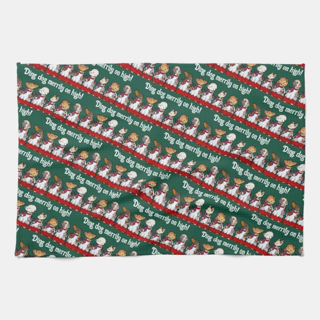 Funny Dog Choir Ding Dog Xmas Carol Pun Cartoon Kitchen Towel (Horizontal)
