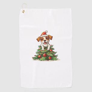 Funny Dog climbing on Christmas Tree Costume  Golf Towel