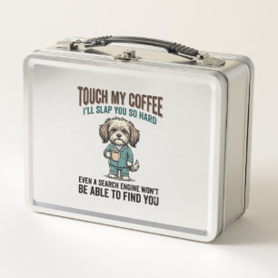 Funny Dog Coffee Warning Vintage Engraving Design_ Metal Lunch Box