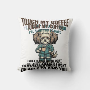 Funny Dog Coffee Warning Vintage Engraving Design_ Throw Pillow