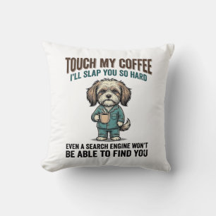 Funny Dog Coffee Warning Vintage Engraving Design_ Throw Pillow