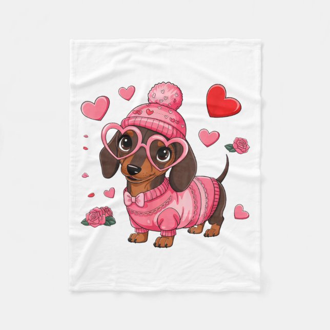 Funny Dog Dachshund Valentines Heart Dog Lover Men Fleece Blanket (Front)