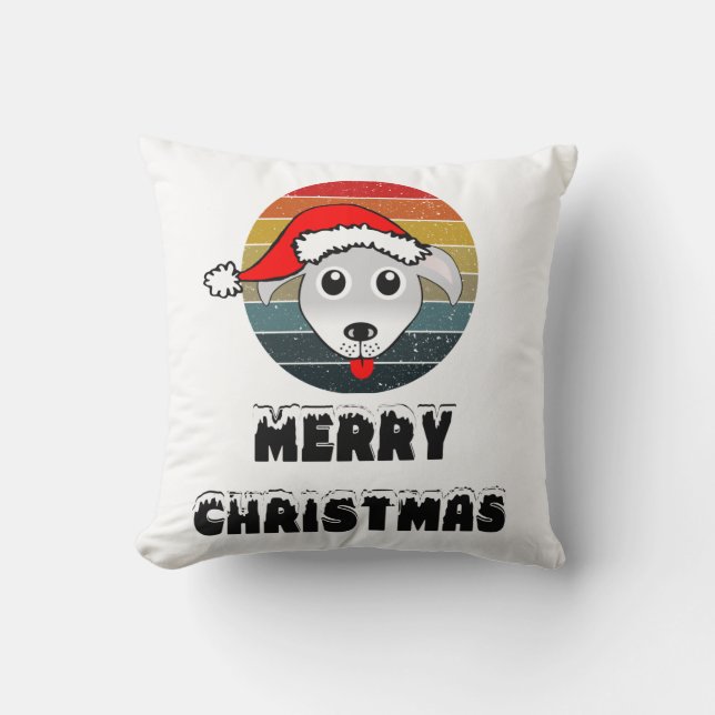 Funny Dog Face Grey Cartoon With Santa Claus Hat Throw Pillow (Front)