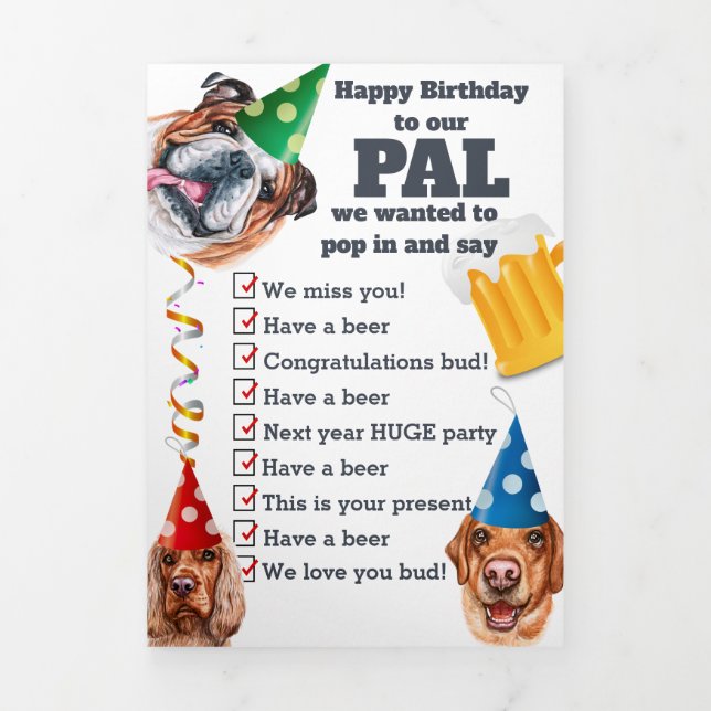 Funny dog from the gang party hat streamers beer Tri-Fold holiday card (Cover)