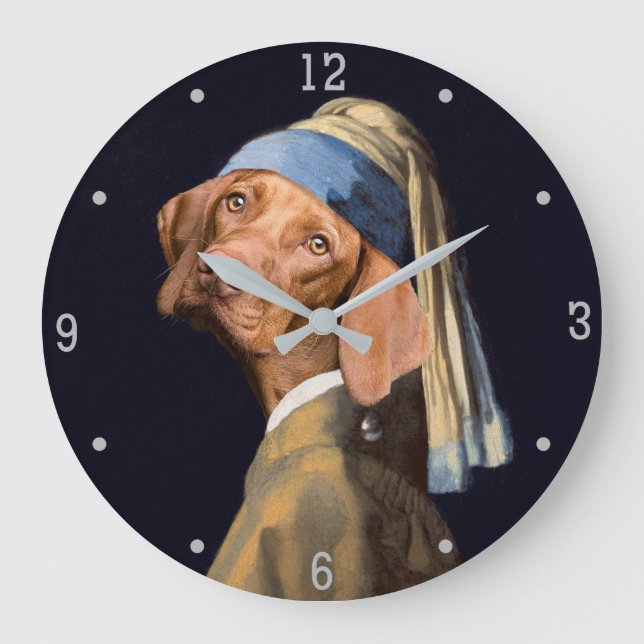 Funny Dog Girl with a Pearl Earring Vermeer Parody Large Clock (Front)