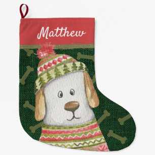 Funny Dog in Tan and Red Sweater Hat Bones Name Large Christmas Stocking