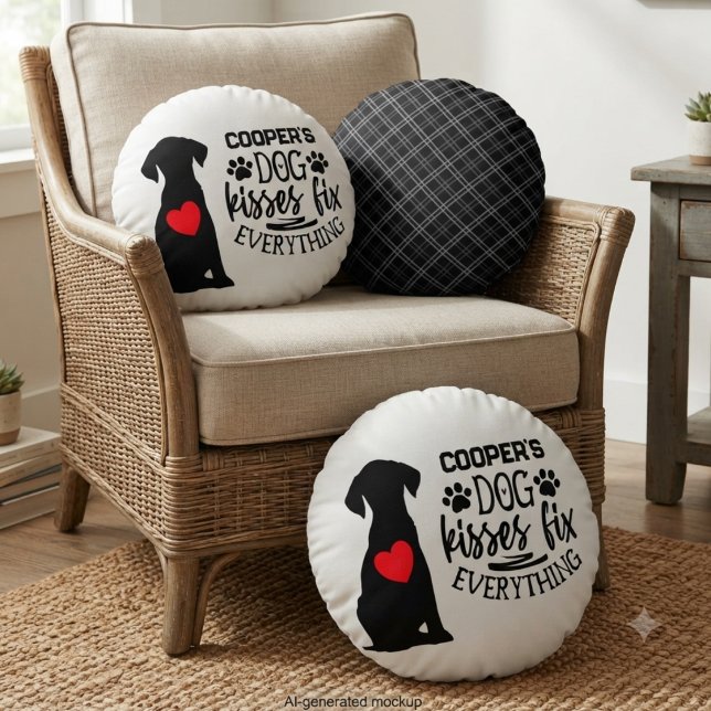 Funny Dog Kisses Fix Everything Pet Lover Round Pillow (Dog Kisses Fix Everything round pillow for pet parents — perfect holiday gift idea for her.)