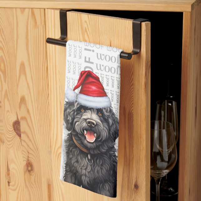Funny Dog Lover Holiday Black Barbet Christmas Kitchen Towel (Thirds Fold)