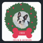 Funny Dog Lover's Christmas Wreath With Dog Photo Square Sticker<br><div class="desc">The perfect sticker for all you dog lovers!!  Your dog's photo is surrounded by a festive green holiday wreath decorated with red berries and a red dog bone "bow".  Customize with the year and names or your custom text below.  Great for packages,  thank yous and so much more!</div>