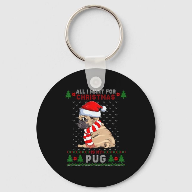 Funny Dog Lovers Cute Pug Santa Hat Ugly Christmas Keychain (Front)