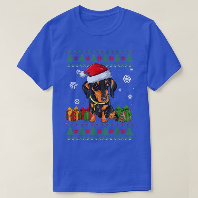 Funny Dog lovers Dachshund Santa Hat Ugly Christma T-Shirt (Design Front)