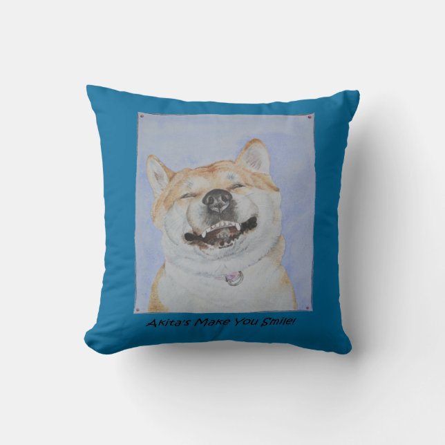 funny dog picture of akita smiling with slogan throw pillow (Front)