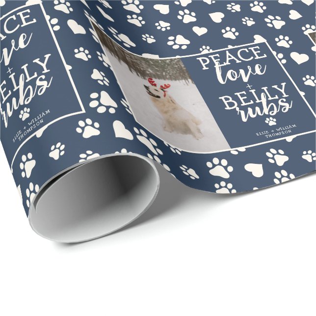 Funny Dog Picture Personalize Blue Christmas Photo Wrapping Paper (Roll Corner)