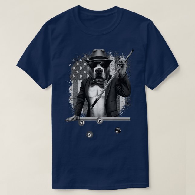 Funny Dog Playing Pool Billiard American Flag Blac T-Shirt (Design Front)