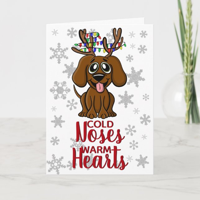 Funny Dog Puppy Christmas Reindeer w Tree Lights Holiday Card (Front)