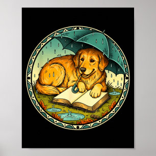 Funny Dog Reading Book Rain Cozy Umbrella Cute Art Poster