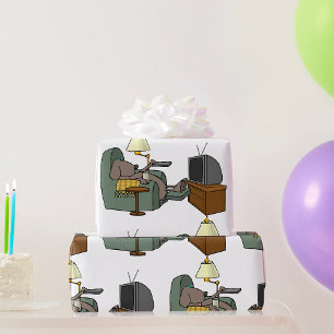 Funny Dog Relaxing in Recliner Watching TV Wrapping Paper