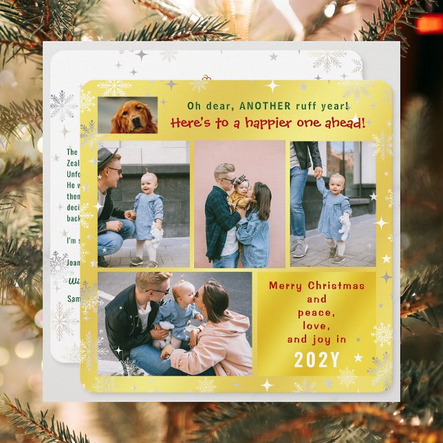 Funny Dog Ruff Year Peace Love Joy Golden 5 Photos Holiday Card (Elegant Golden Cute Funny Dog Oh Dear Ruff Year Merry Christmas 5 Photos Peace Love Joy  Xmas Letter)