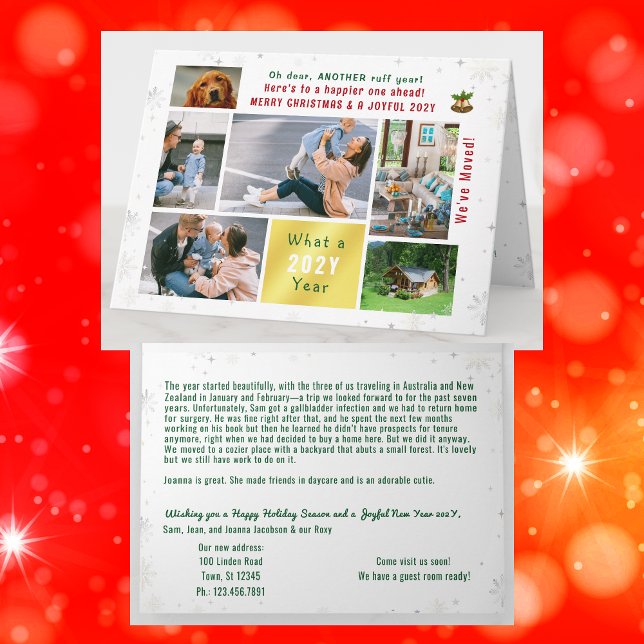Funny Dog Ruff Year We've Moved New Home 6 Photos  Card (Funny dog Ruff year Christmas card. 6 Photos. Peace, love, joy. We've Moved. Elegant, modern. Snow)