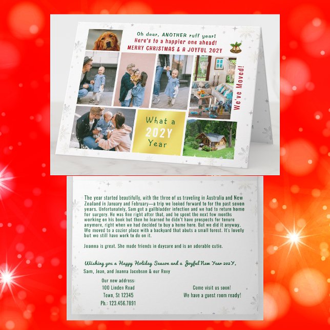 Funny Dog Ruff Year We've Moved New Home 7 Photos Card (Funny dog Ruff year Christmas card. 7 Photos. Peace, love, joy. We've Moved. Elegant, modern. Snow)