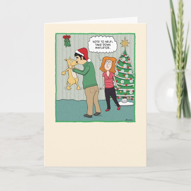 Funny Dog Under Mistletoe Christmas Holiday Card (Front)