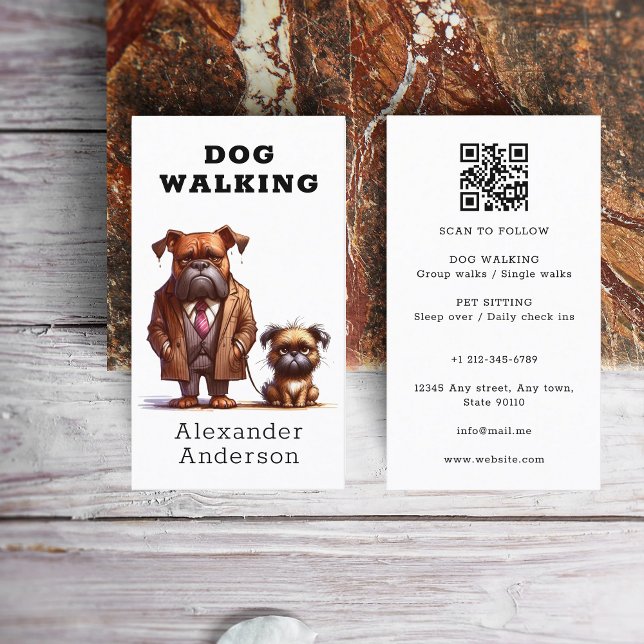 Funny Dog Walker Walking Pet Sitting QR Code Business Card (Funny Dog Walker Walking Pet Sitting QR Code Business Card)