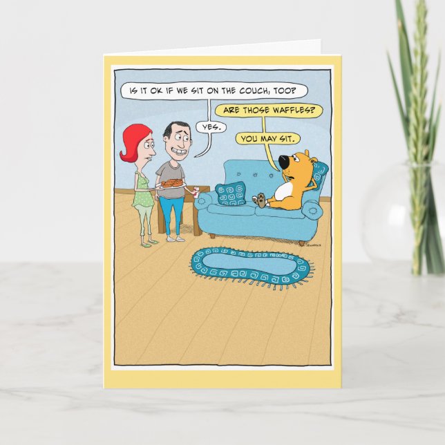 Funny Dog Wants Waffles on Couch Birthday Card (Front)