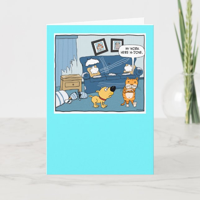 Funny Dog Watches Cat Destroy Room Birthday Card (Front)