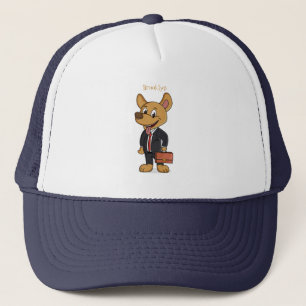 Funny dog wearing business suit cartoon trucker hat