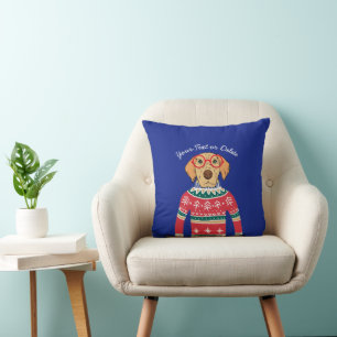 Funny Dog Wearing Glasses, Ugly Christmas Sweater Throw Pillow