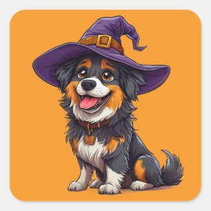 Funny Dog Wearing Purple Wizard Hat Halloween Square Sticker