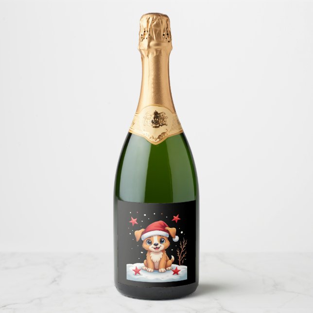 Funny Dog with Christmas Stars for Festive Season  Sparkling Wine Label (Front)
