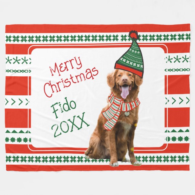 Funny Dog with Elf Hat and Scarf Red Green Custom Fleece Blanket (Front (Horizontal))