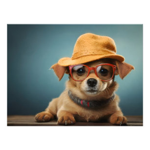 Funny dog with glasses and hat photo print