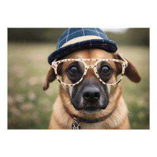 Funny dog with glasses and hat photo print