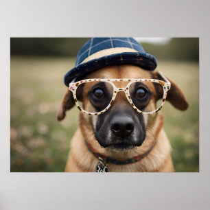 Funny dog with glasses and hat poster