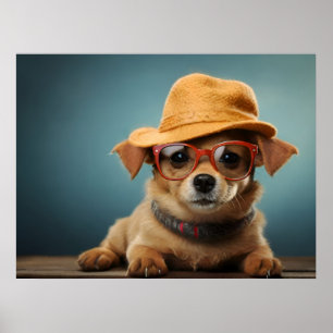 Funny dog with glasses and hat poster