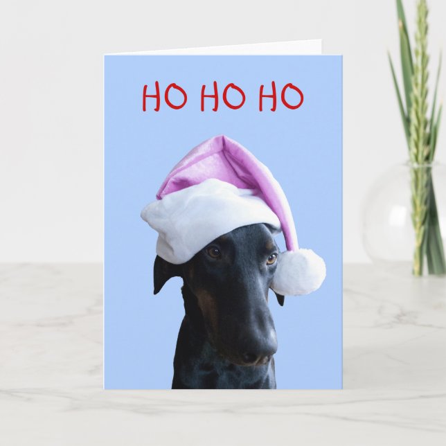 Funny dog with pink Santa Hat Christmas card (Front)