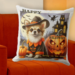 Funny Dog with Pumpkins Halloween Treats Throw Pillow