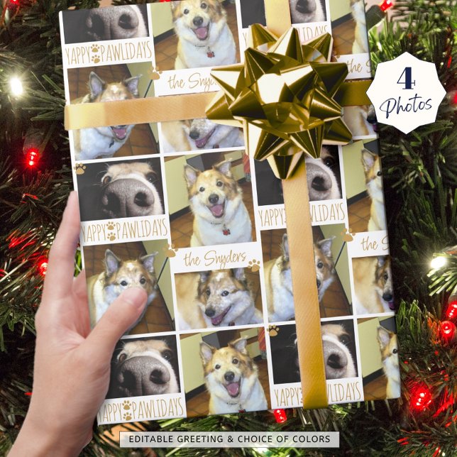 Funny Dog YAPPY PAWLIDAYS 4 Photo Personalized Wrapping Paper (Creator Uploaded)