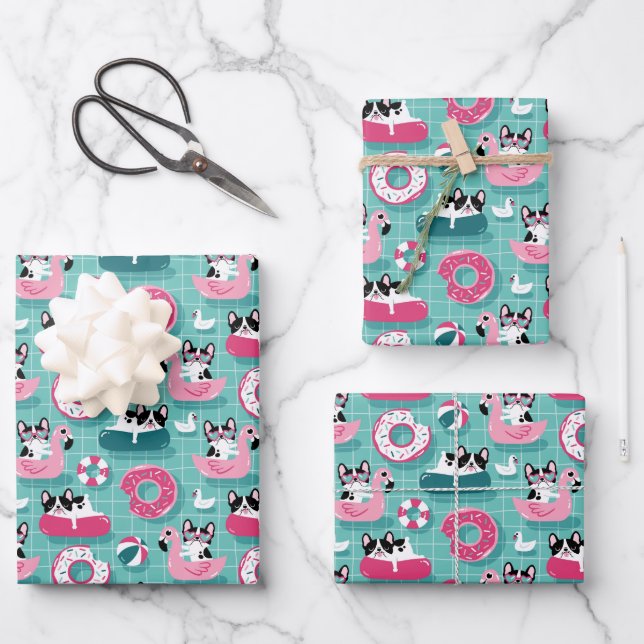 Funny Dogs At The Beach Flamingos  Wrapping Paper Sheet (Front)