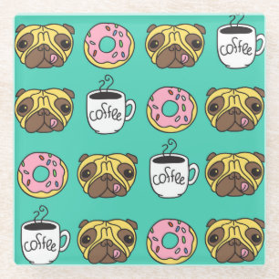 Funny dogs, doughnuts, coffee pattern. glass coaster