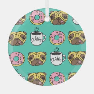 Funny dogs, doughnuts, coffee pattern. glass ornament