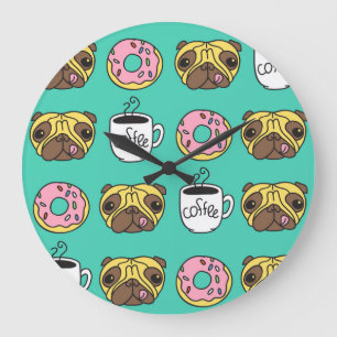 Funny dogs, doughnuts, coffee pattern. large clock