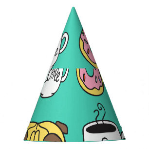 Funny dogs, doughnuts, coffee pattern. party hat