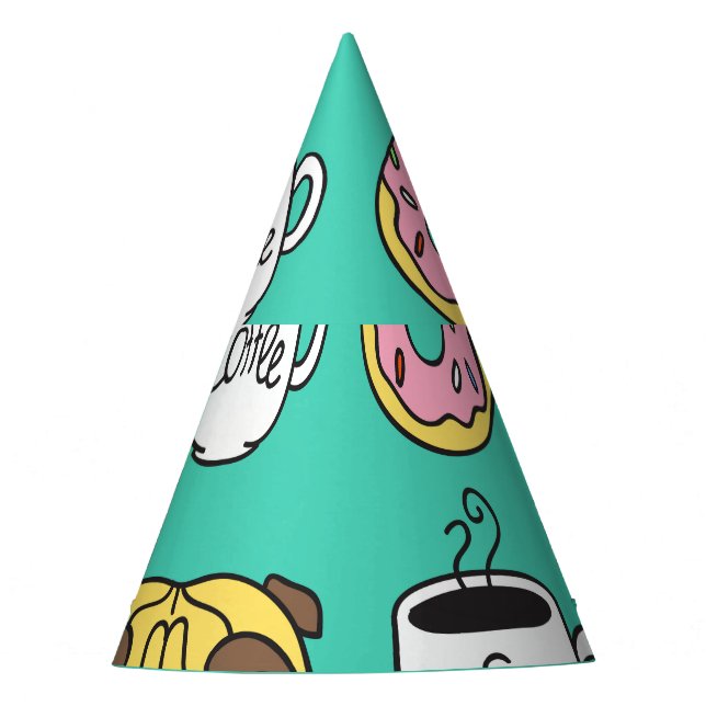 Funny dogs, doughnuts, coffee pattern. party hat (Front)