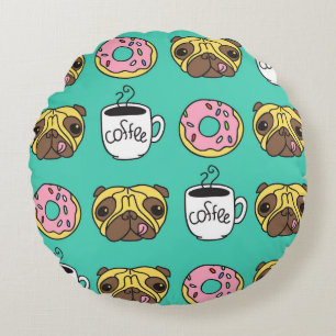 Funny dogs, doughnuts, coffee pattern. round pillow